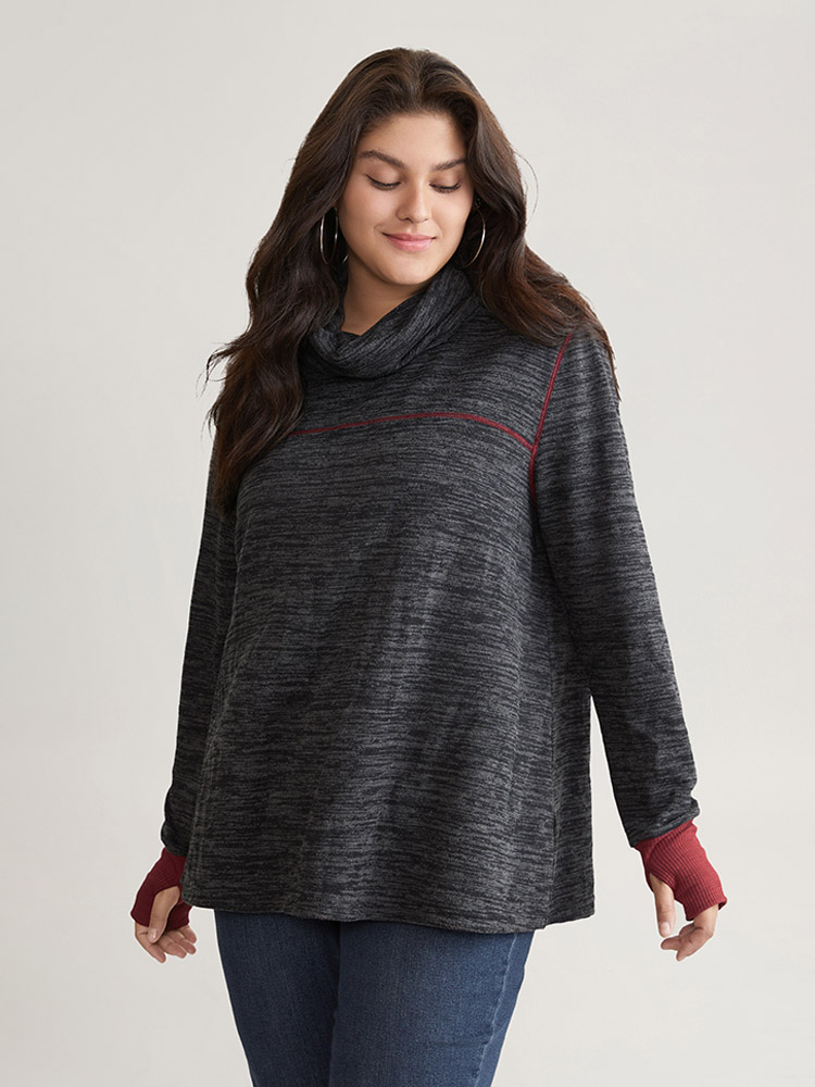 Plus Size Contrast Heather Thumb Hole Turtleneck T-shirt DimGray Women Casual Contrast Plain Turtleneck Dailywear T-shirts BloomChic 10/M 