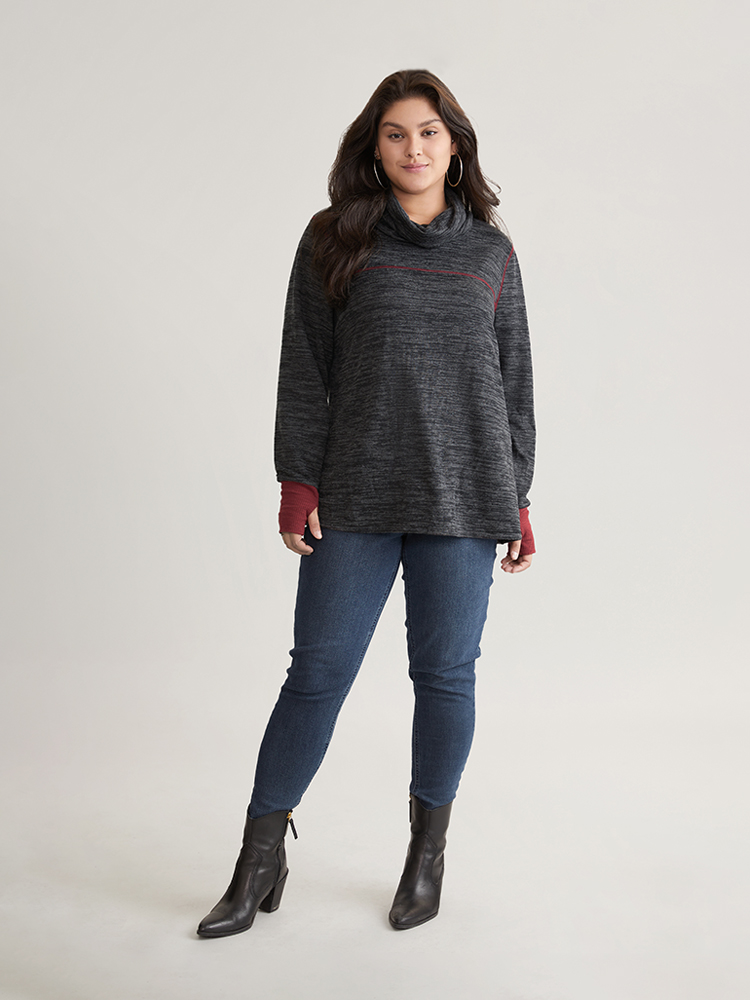 Plus Size Contrast Heather Thumb Hole Turtleneck T-shirt DimGray Women Casual Contrast Plain Turtleneck Dailywear T-shirts BloomChic 10/M 