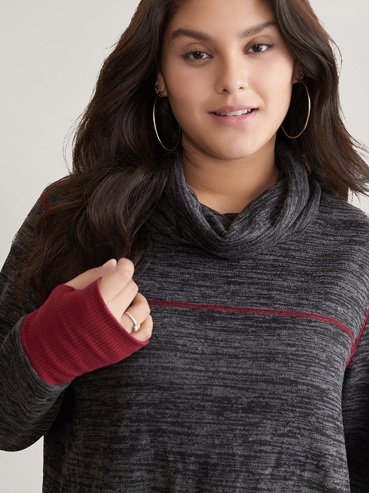 Plus Size Contrast Heather Thumb Hole Turtleneck T-shirt DimGray Women Casual Contrast Plain Turtleneck Dailywear T-shirts BloomChic 10/M 