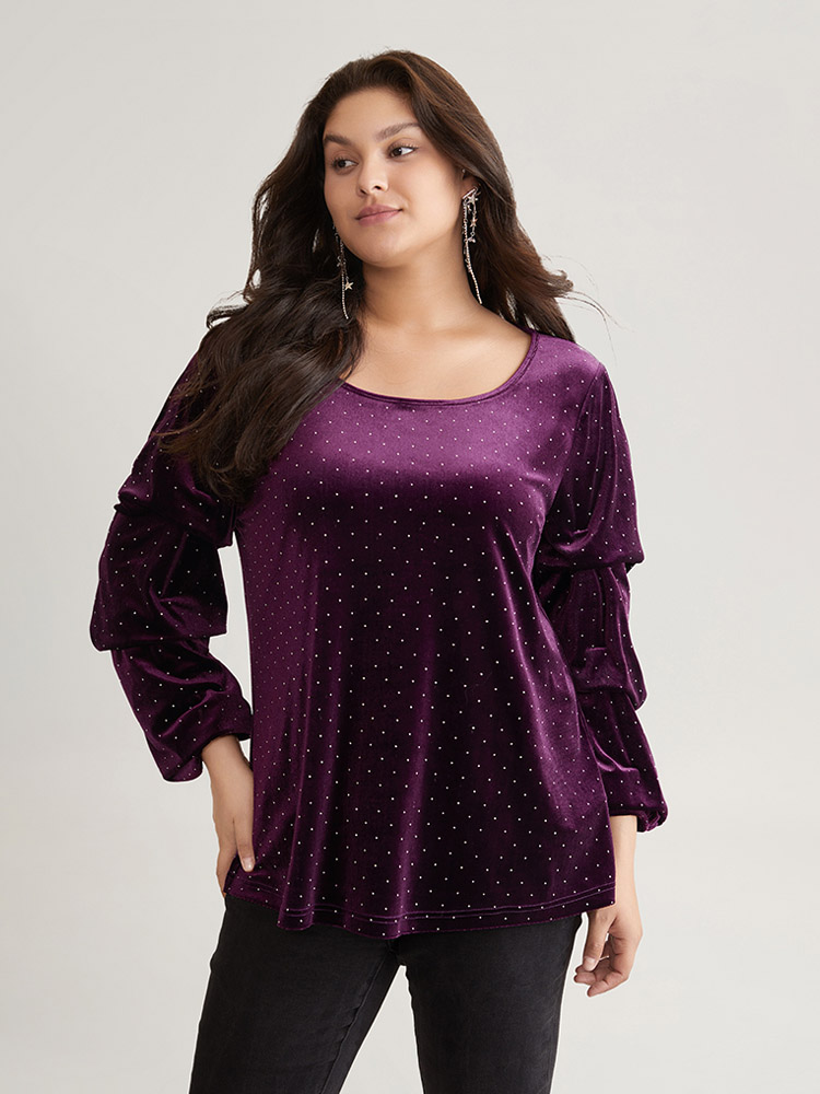 

Plus Size Plain Velvet Rhinestone Round Neck T-shirt Eggplant Round Neck Long Sleeve Elegant Jersey Tops