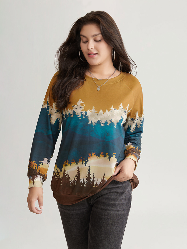 

Plus Size Forest Ombre Crew Neck Raglan Sleeve Sweatshirt Women Bronze Casual Printed Round Neck Dailywear Sweatshirts BloomChic