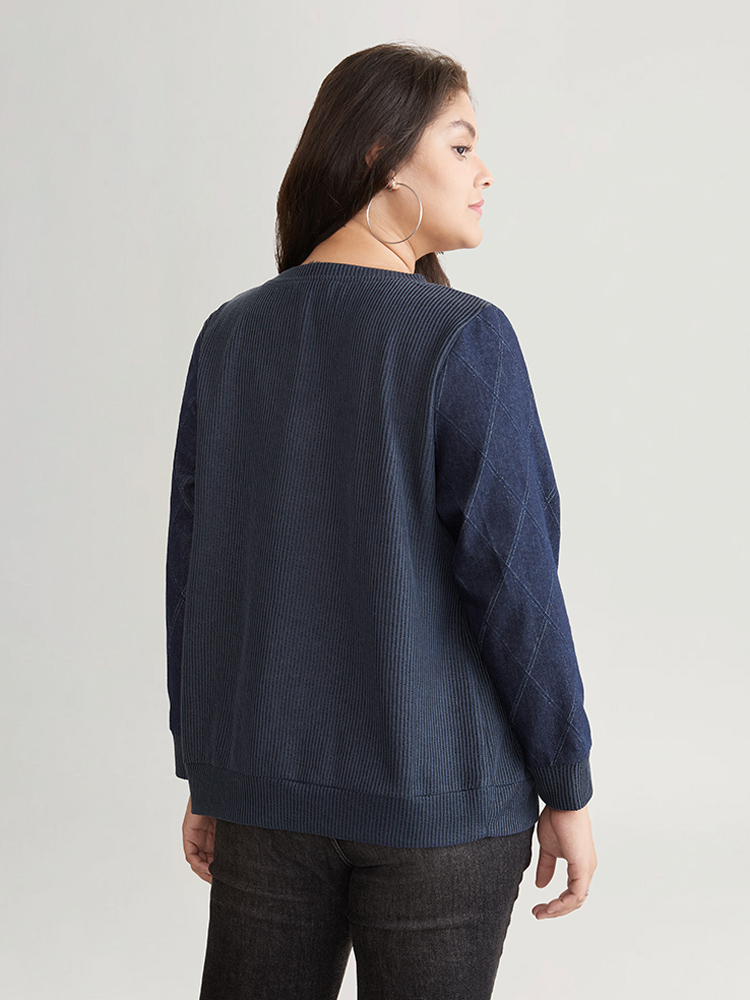 

Plus Size Denim Effect Patchwork Waffle Knit Sweatshirt Women Blue Casual Waffle Knit V-neck Dailywear Sweatshirts BloomChic