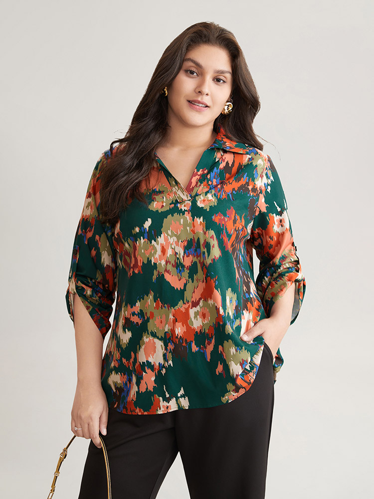 

Plus Size DarkGreen Pixel Flower Shirt Collar Tab Sleeve Blouse Women Glamour Elbow-length sleeve Shirt collar Party Blouses BloomChic