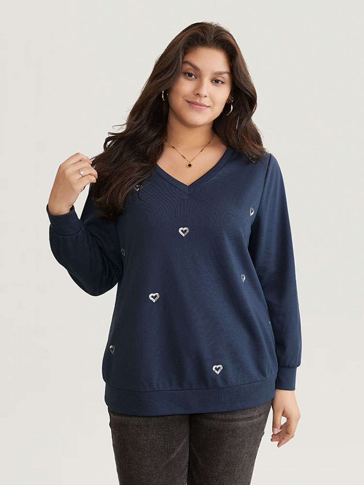 Plus Size Women Dailywear Galaxy Sequin Regular Regular Sleeve Long Sleeve V-neck Elegant Sweatshirts BloomChic 