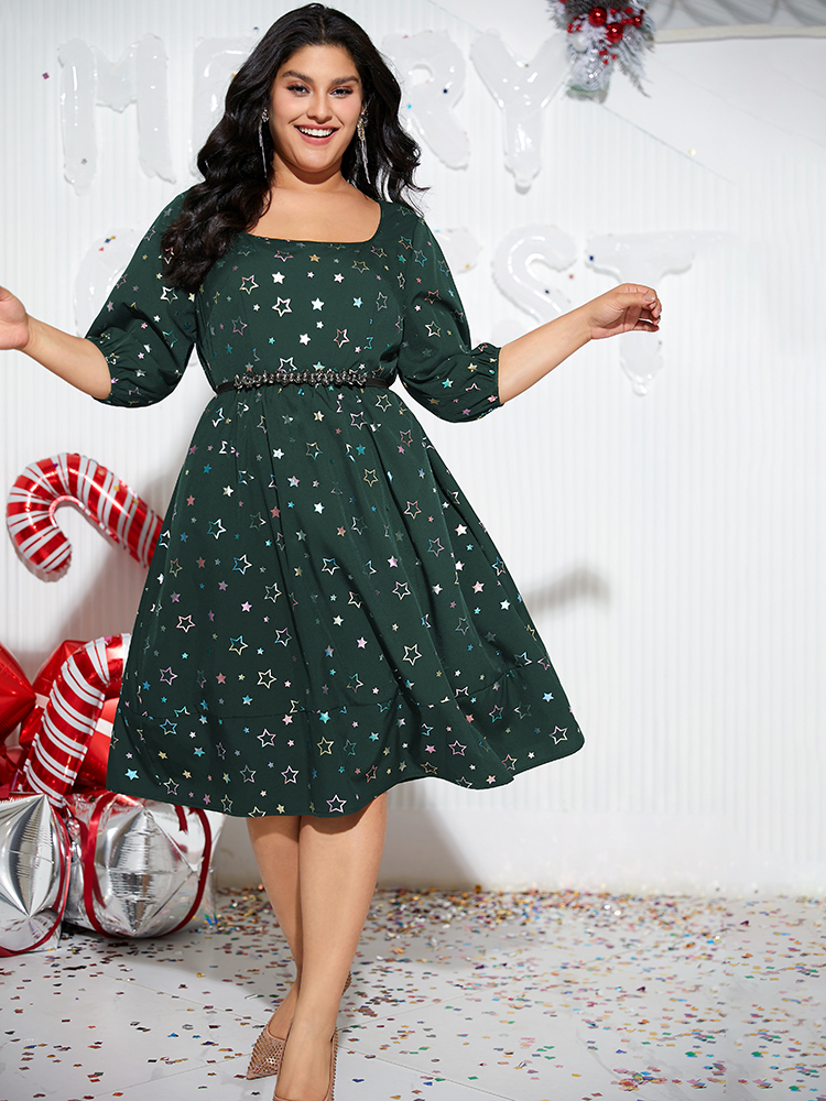 

Plus Size Heart Glitter Square Neck Lantern Sleeve Dress DarkGreen Women Cocktail Elastic cuffs Square Neck Half Sleeve Curvy Midi Dress BloomChic