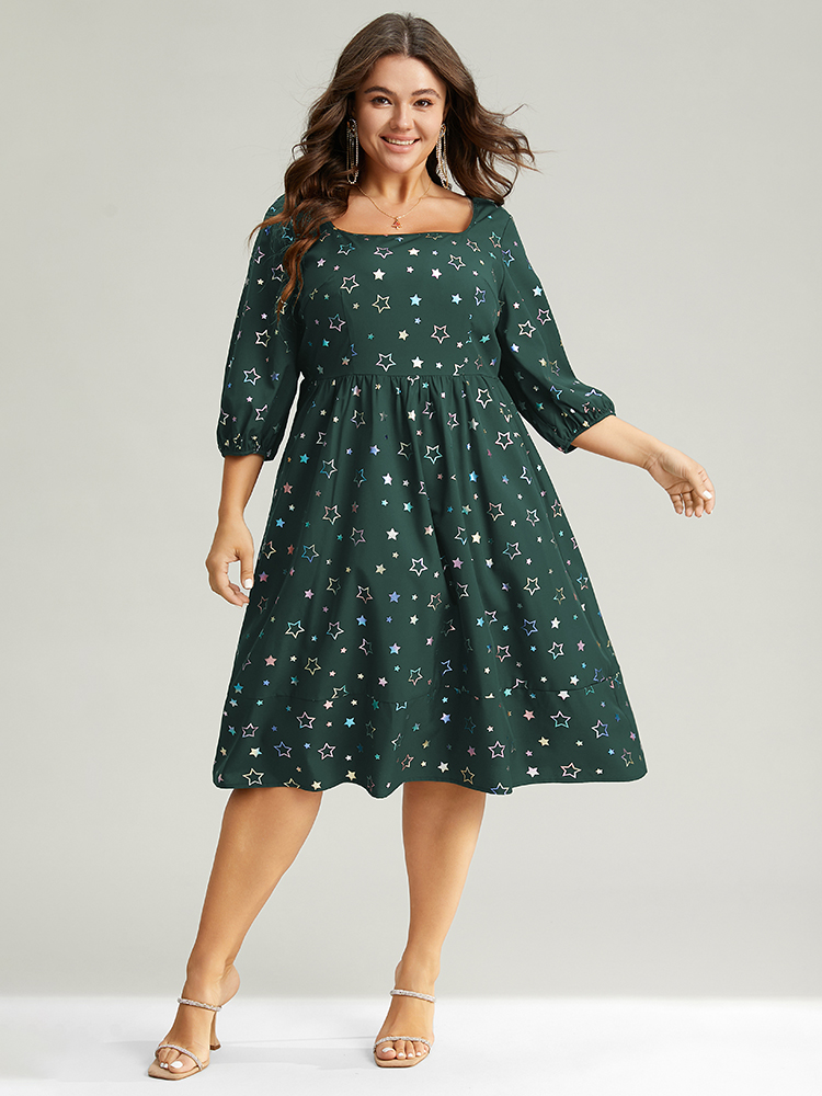 

Plus Size Heart Glitter Square Neck Lantern Sleeve Dress DarkGreen Women Cocktail Elastic cuffs Square Neck Half Sleeve Curvy Midi Dress BloomChic