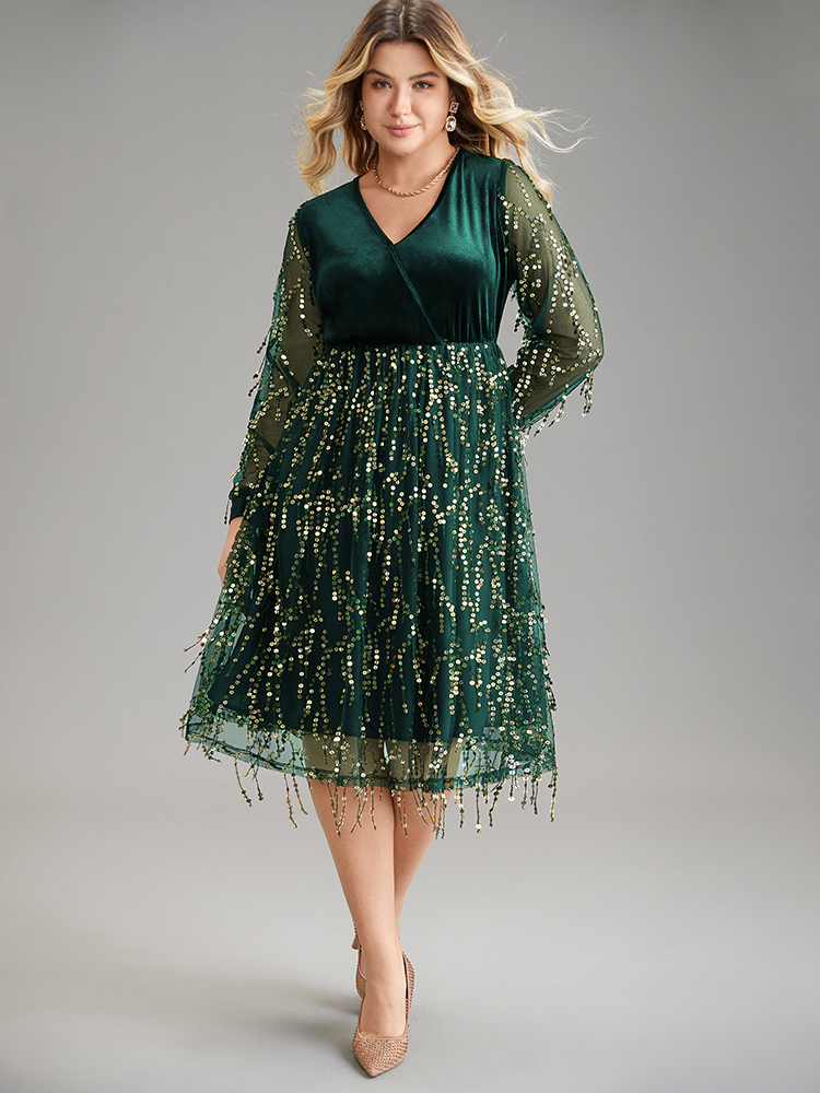 

Plus Size Velvet Sequin Tassels Mesh Surplice Neck Dress Green Women Cocktail Sequin Overlap Collar Long Sleeve Curvy Midi Dress BloomChic