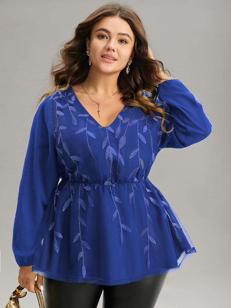 

Plus Size Blue Leaves Embroidered Sequin Tiered Mesh Blouse Women Glamour Long Sleeve V-neck Party Blouses BloomChic