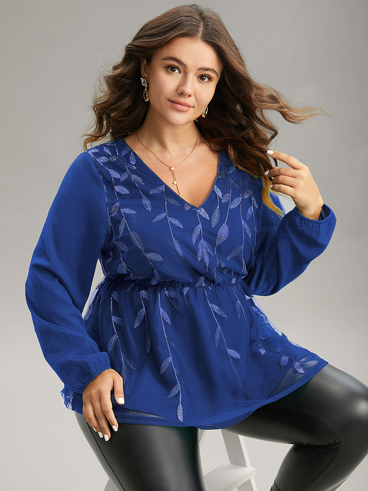 

Plus Size Blue Leaves Embroidered Sequin Tiered Mesh Blouse Women Glamour Long Sleeve V-neck Party Blouses BloomChic