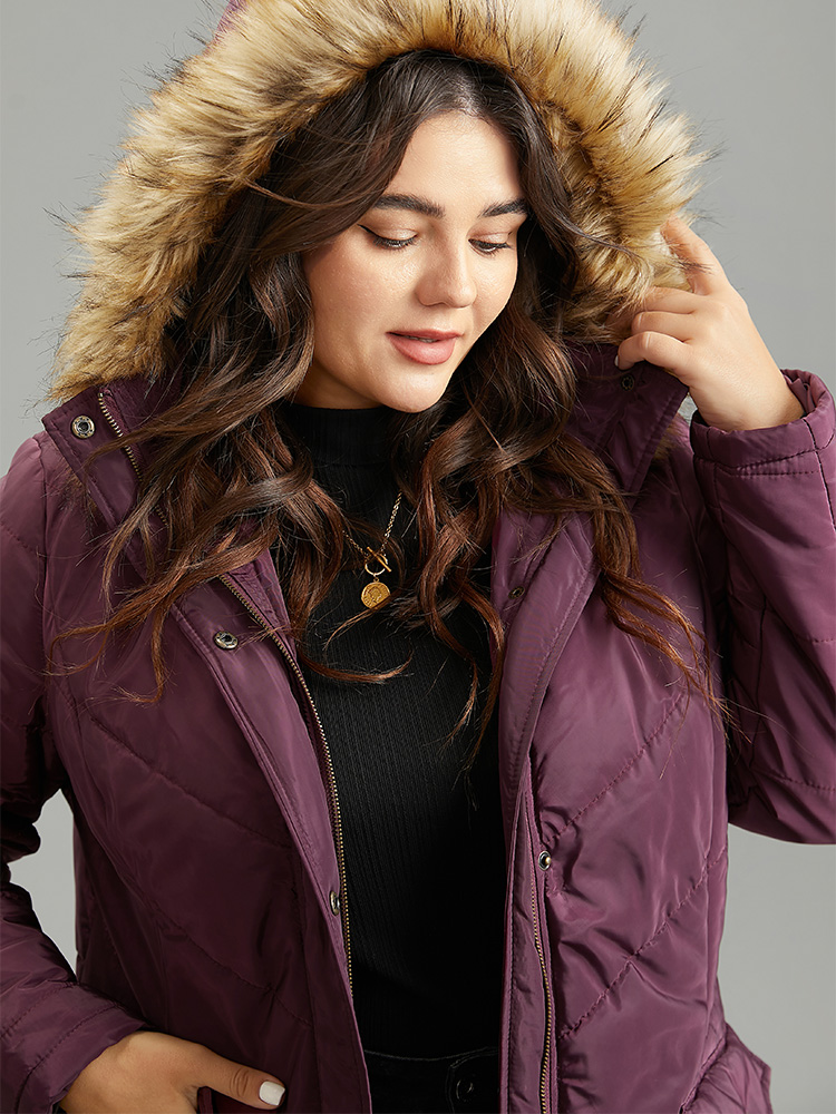 

Plus Size Solid Flap Pocket Fuzzy Trim Padded Coat Women Purple Casual Lined Ladies Dailywear Winter Coats BloomChic