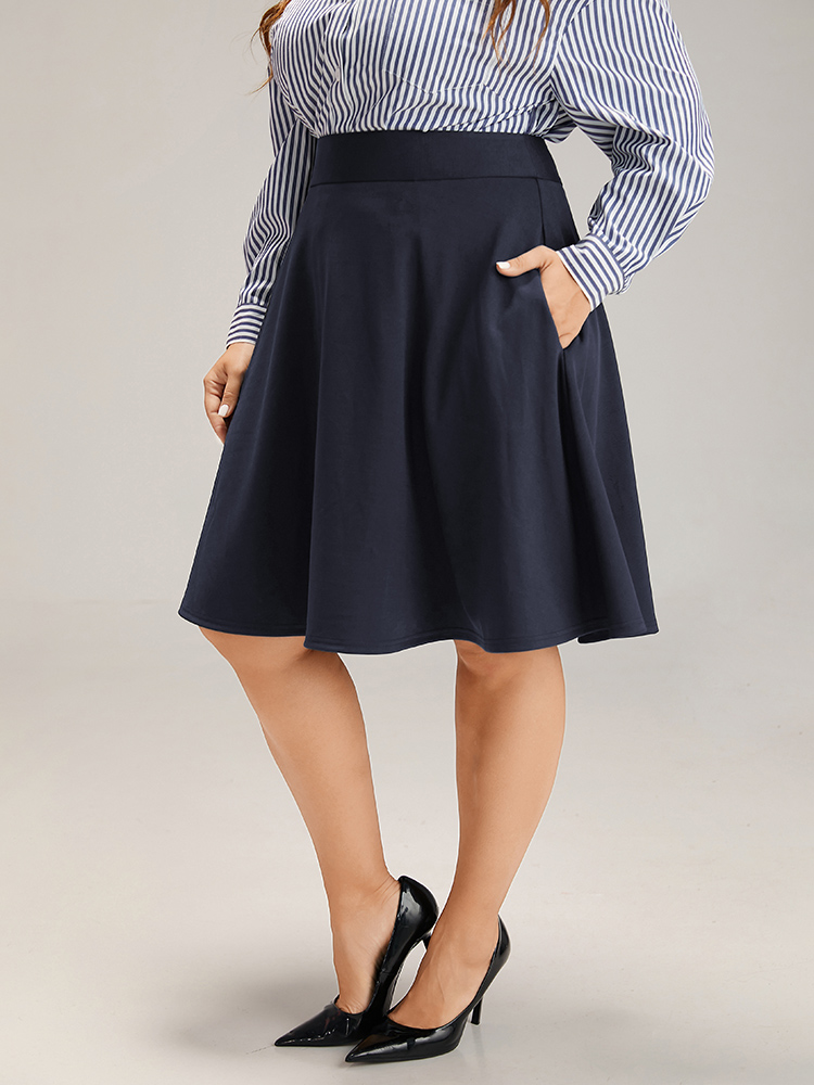 

Plus Size Solid Pocket Elastic Waist Skirt Women Indigo Office Plain Low stretch Pocket Work Skirts BloomChic