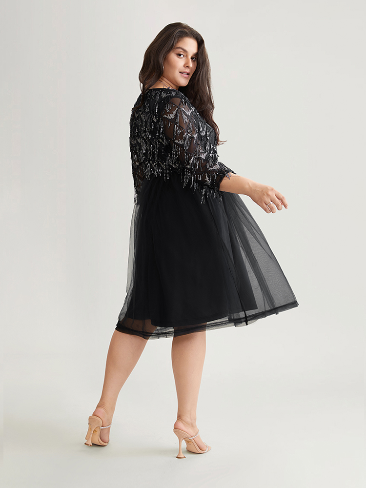 

Plus Size Sequin Tassels Plisse Patchwork Mesh Knee Dress Black Women Cocktail Sequin V-neck Elbow-length sleeve Curvy Midi Dress BloomChic