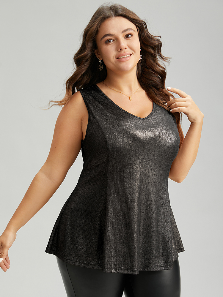Plus Size Luxe V Neck Glitter Tank Top Women Silver Casual Plain V-neck Festival-Christmas Tank Tops Camis BloomChic 22-24/3X 