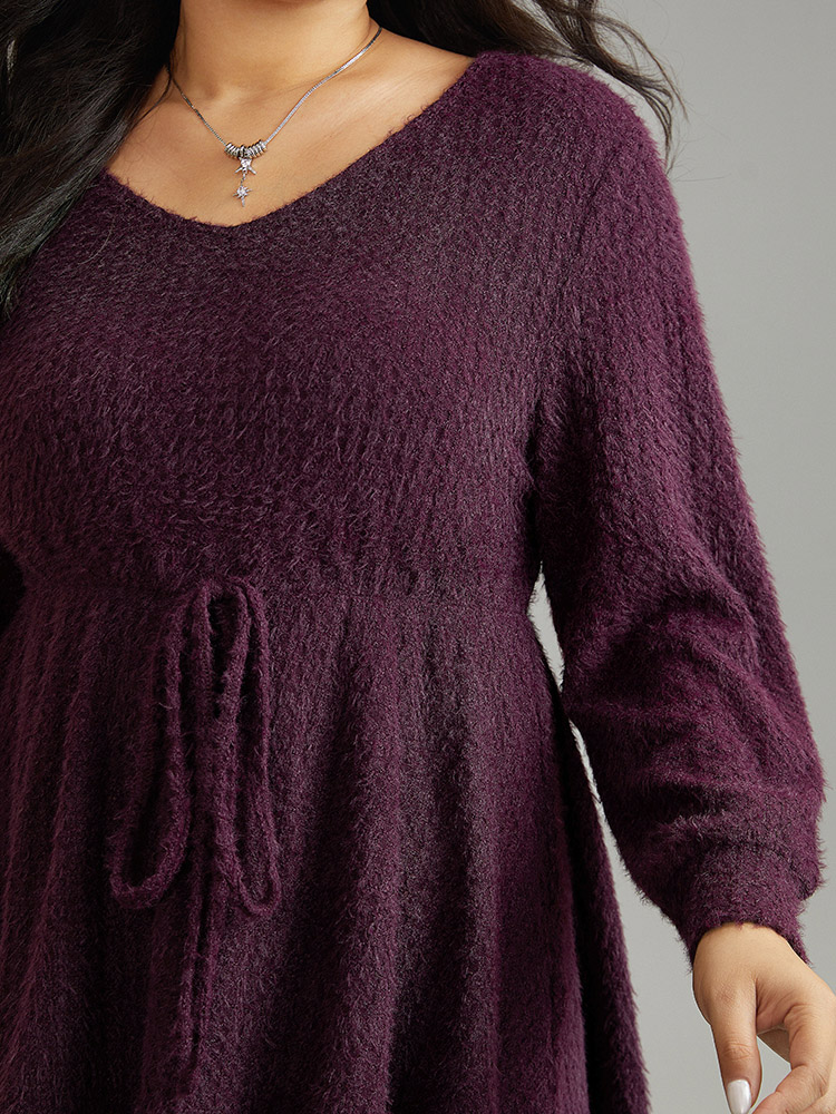 

Plus Size Solid Texture Fluffy Knot Ruffle Hem T-shirt Eggplant V-neck Long Sleeve Elegant Jersey Tops