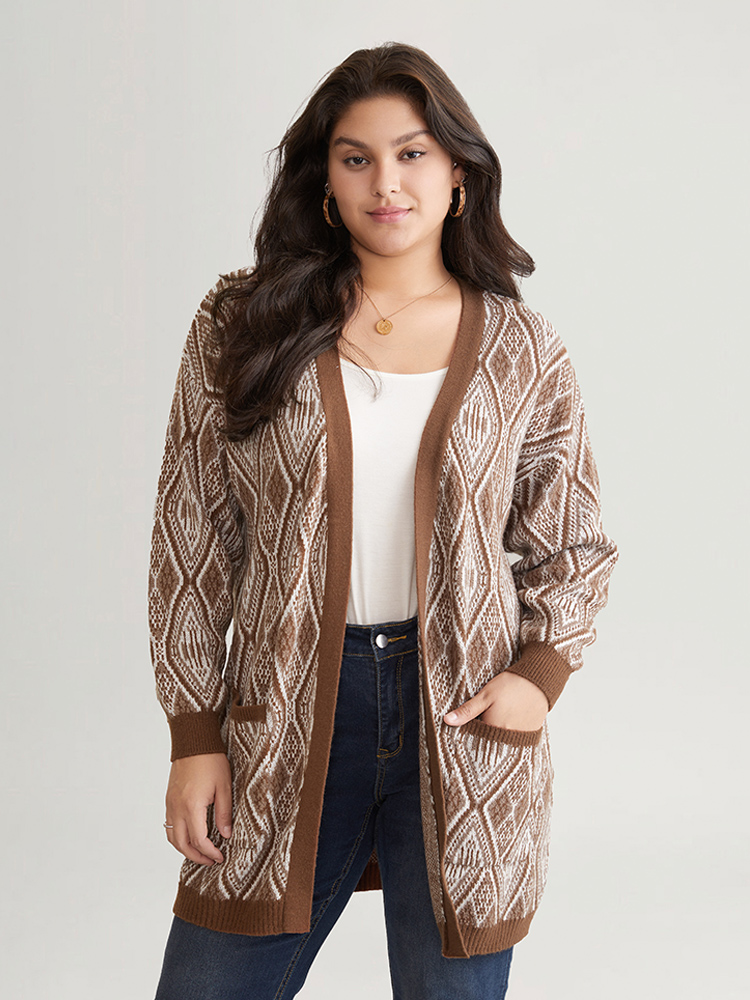 

Plus Size Geometric Graphic Patched Pocket Jacquard Cardigan DarkBrown Women Casual Loose Long Sleeve Dailywear Cardigans BloomChic