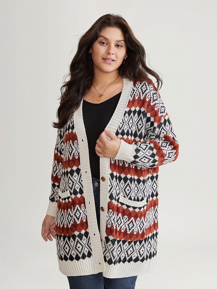 Plus Size Cardigans | Geometric Jacquard Pocket Button Up Cardigan | BloomChic 