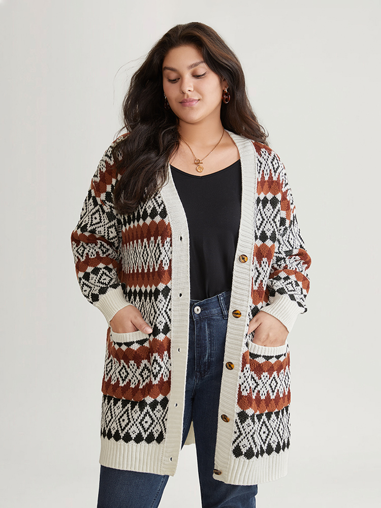 Plus Size Cardigans | Geometric Jacquard Pocket Button Up Cardigan | BloomChic 