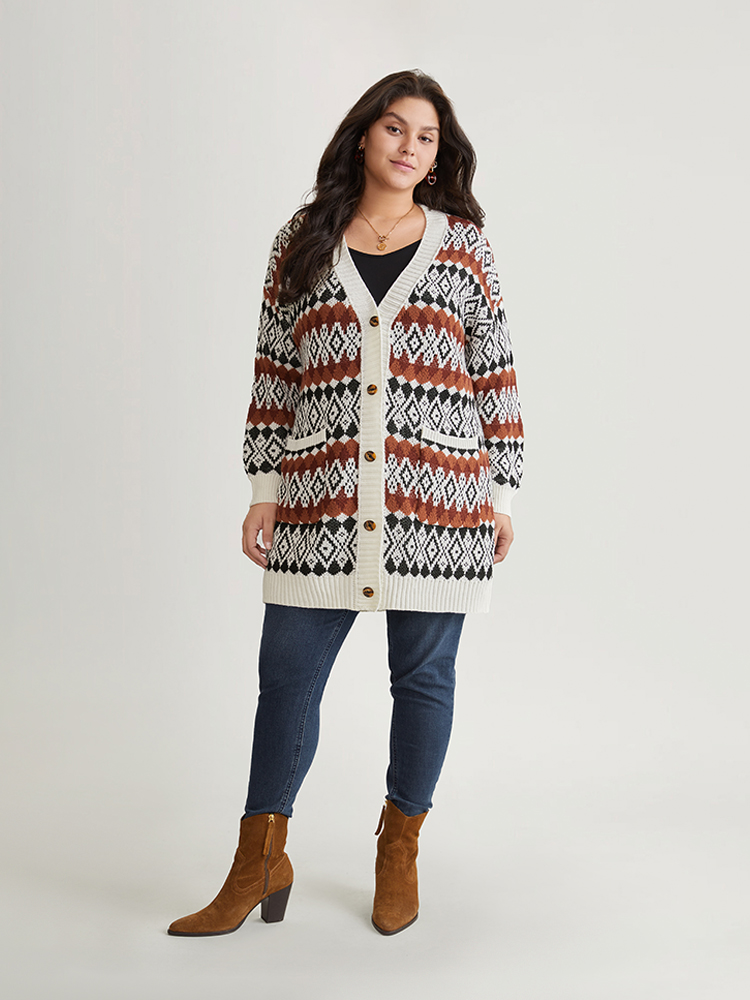 Plus Size Cardigans | Geometric Jacquard Pocket Button Up Cardigan | BloomChic 