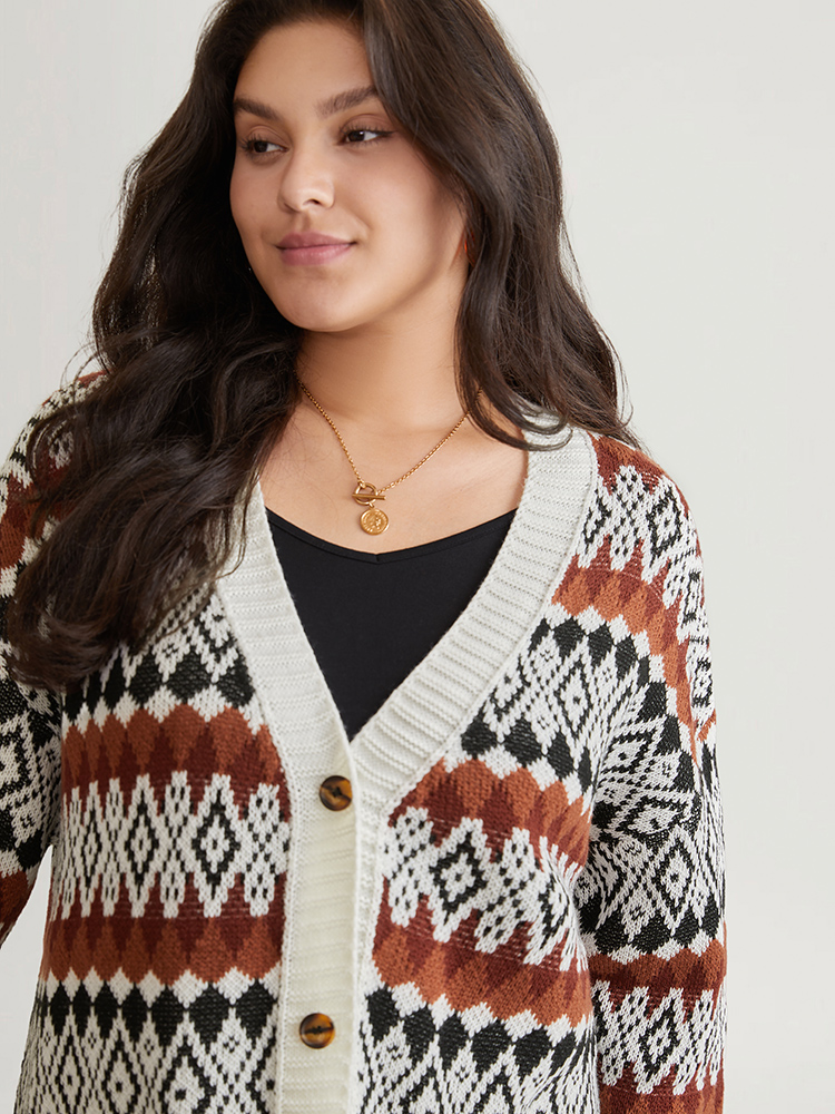 Plus Size Cardigans | Geometric Jacquard Pocket Button Up Cardigan | BloomChic 