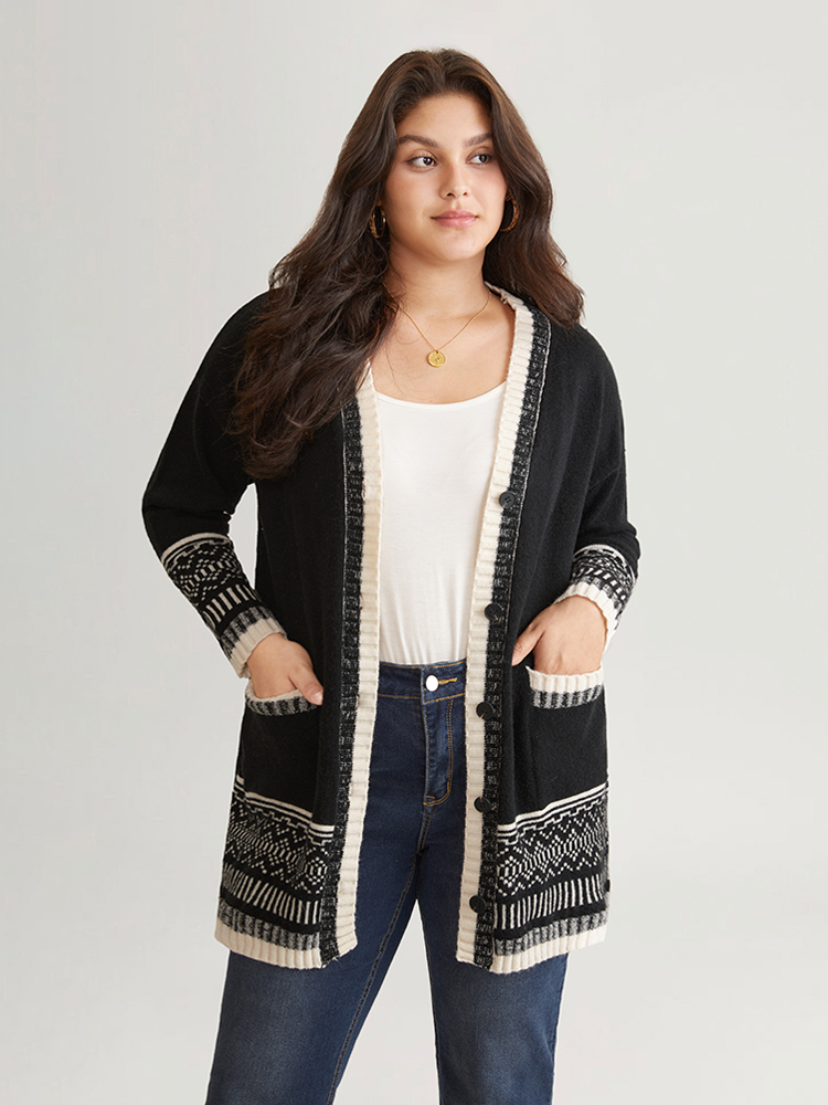 

Plus Size Geometric Jacquard Contrast Pocket Cardigan Black Women Casual Loose Long Sleeve Everyday Cardigans BloomChic