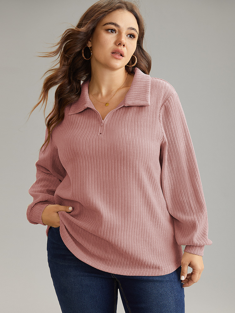 

Plus Size Plain Heather Zipper Texture Polo Sweatshirt Women DustyPink Casual Texture Polo Dailywear Sweatshirts BloomChic