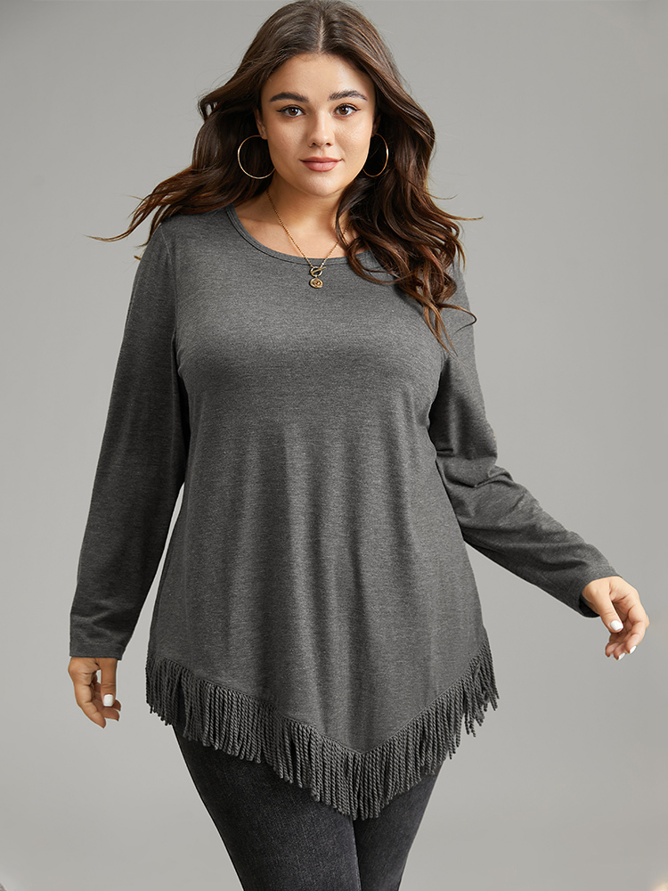 

Plain Tassels Trim Hem Long Sleeve T-shirt, Darkgray