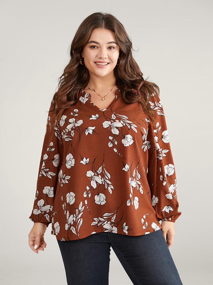 

Plus Size Rust Silhouette Floral Print Ruffles Lantern Sleeve Blouse Women Elegant Long Sleeve V-neck Vacation Blouses BloomChic