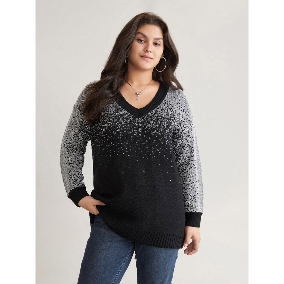 

Plus Size Ombre Contrast Luxe V Neck Knit Pullover Black Women Casual Loose Long Sleeve V-neck Dailywear Pullovers BloomChic