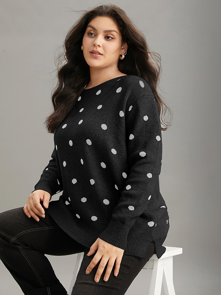 

Plus Size Supersoft Essentials Polka Dot Knit Pullover Black Women Casual Loose Long Sleeve Round Neck Dailywear Pullovers BloomChic