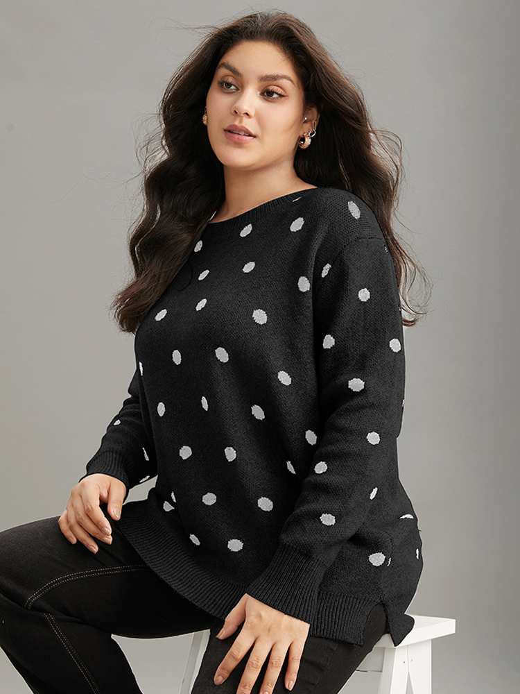 

Plus Size Supersoft Essentials Polka Dot Knit Pullover Black Women Casual Loose Long Sleeve Round Neck Dailywear Pullovers BloomChic