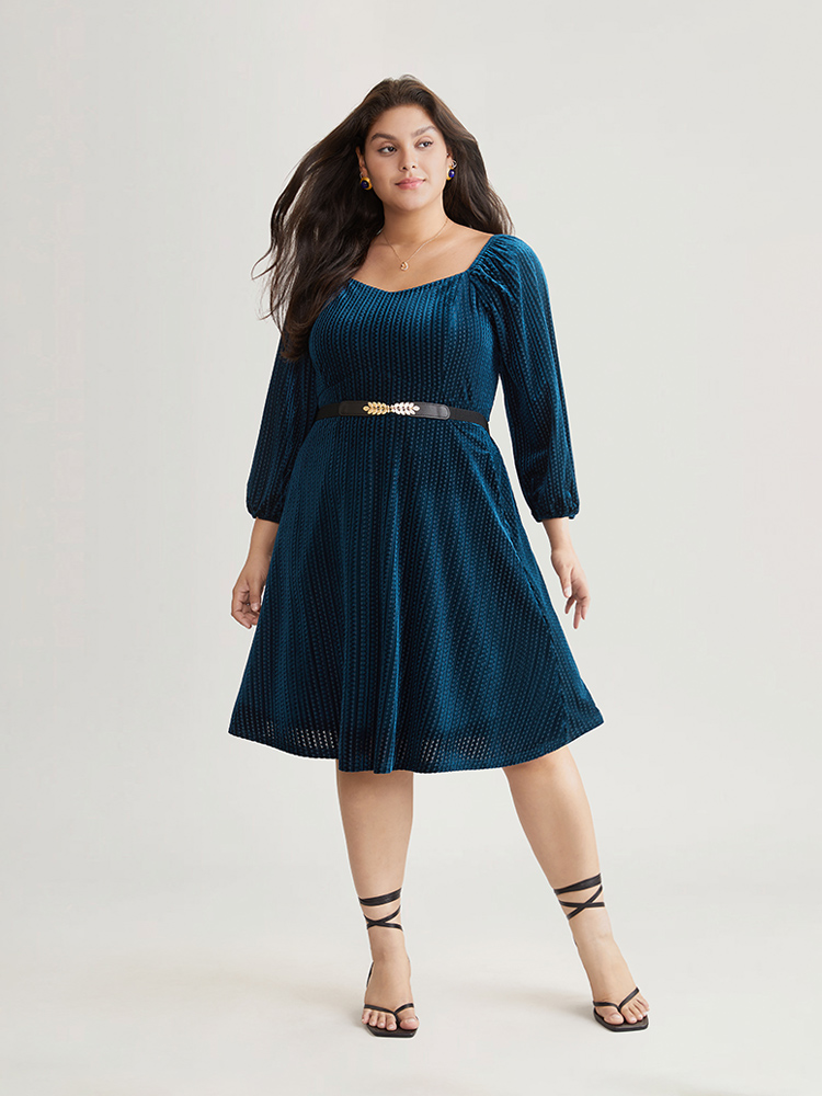 Plus Size Velvet Plisse Pocket Square Neck Dress Indigo Women Elegant Velvet Square Neck Long Sleeve Curvy Midi Dress BloomChic 18-20/2X