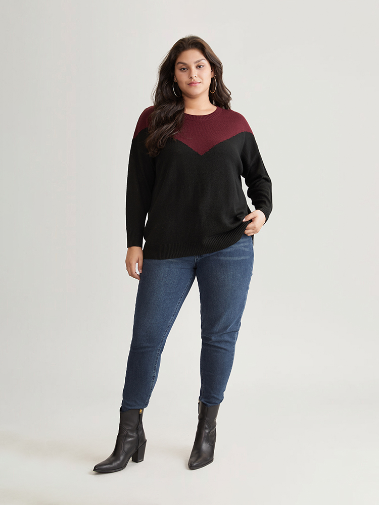 

Plus Size Patchwork Colorblock Drop Shoulder Pullover Burgundy Women Casual Loose Long Sleeve Round Neck Dailywear Pullovers BloomChic