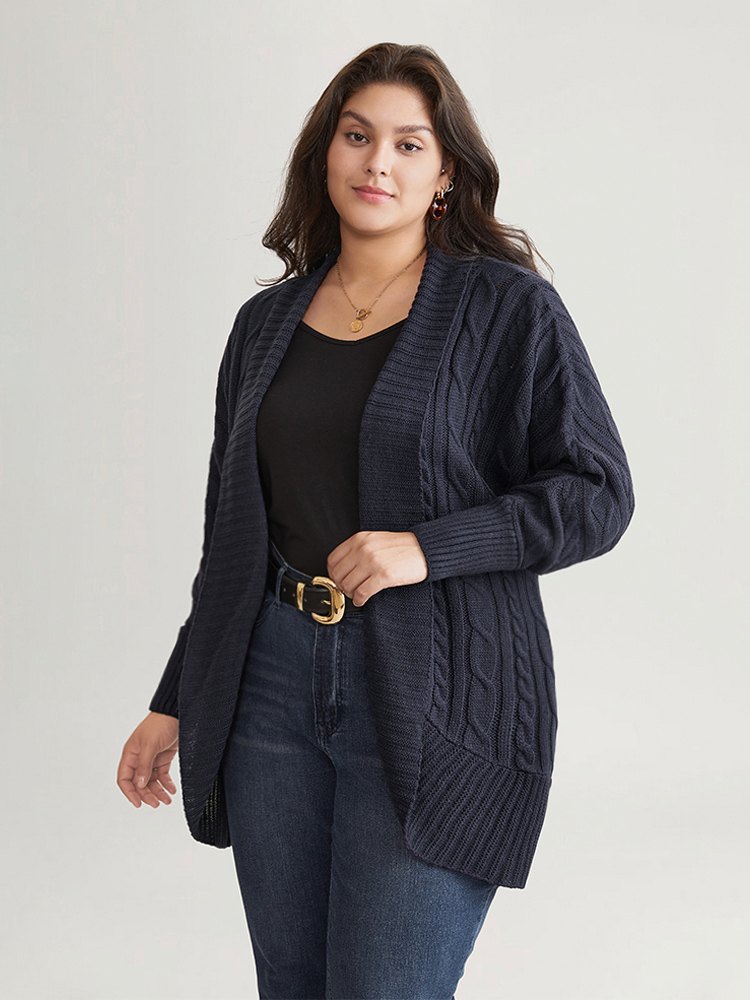 Plus Size Cardigans | Solid Cable Knit Texture Arc Hem Dolman Sleeve Cardigan | BloomChic 