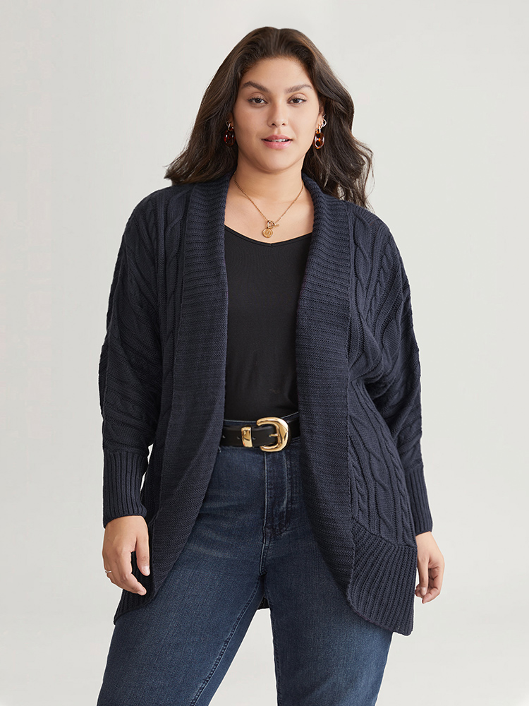 Plus Size Cardigans | Solid Cable Knit Texture Arc Hem Dolman Sleeve Cardigan | BloomChic 