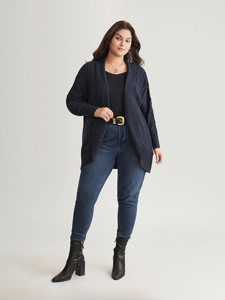 Plus Size Cardigans | Solid Cable Knit Texture Arc Hem Dolman Sleeve Cardigan | BloomChic 