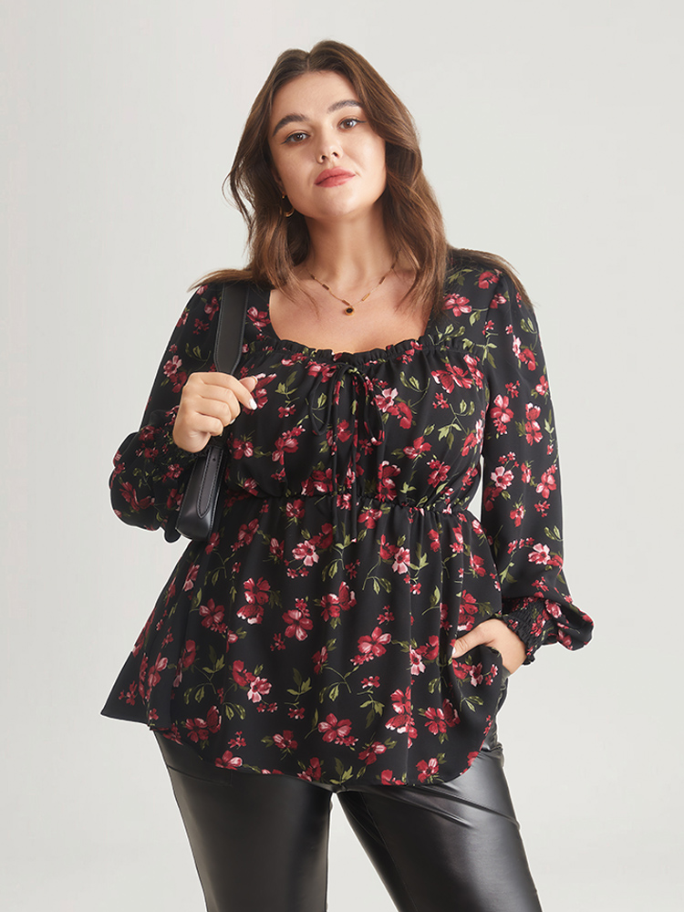 

Plus Size Black Ditsy Floral Shirred Ties Square Neck Blouse Women Elegant Long Sleeve Square Neck Dailywear Blouses BloomChic