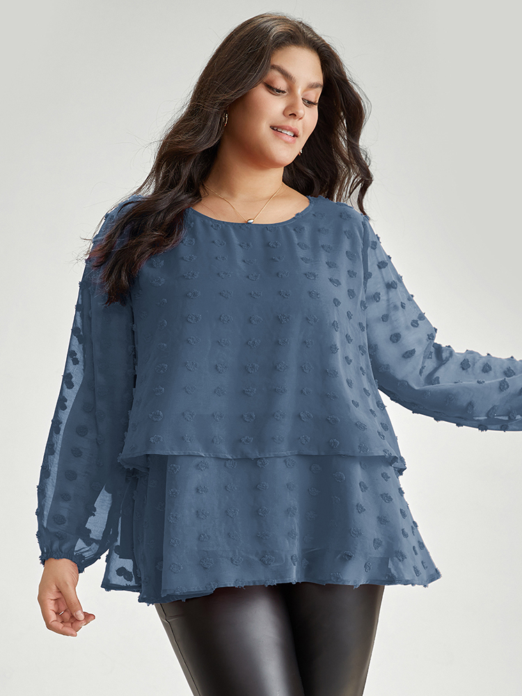 

Plus Size Stone Solid Textured Lantern Sleeve Tiered Hem Blouse Women Elegant Long Sleeve Round Neck Everyday Blouses BloomChic