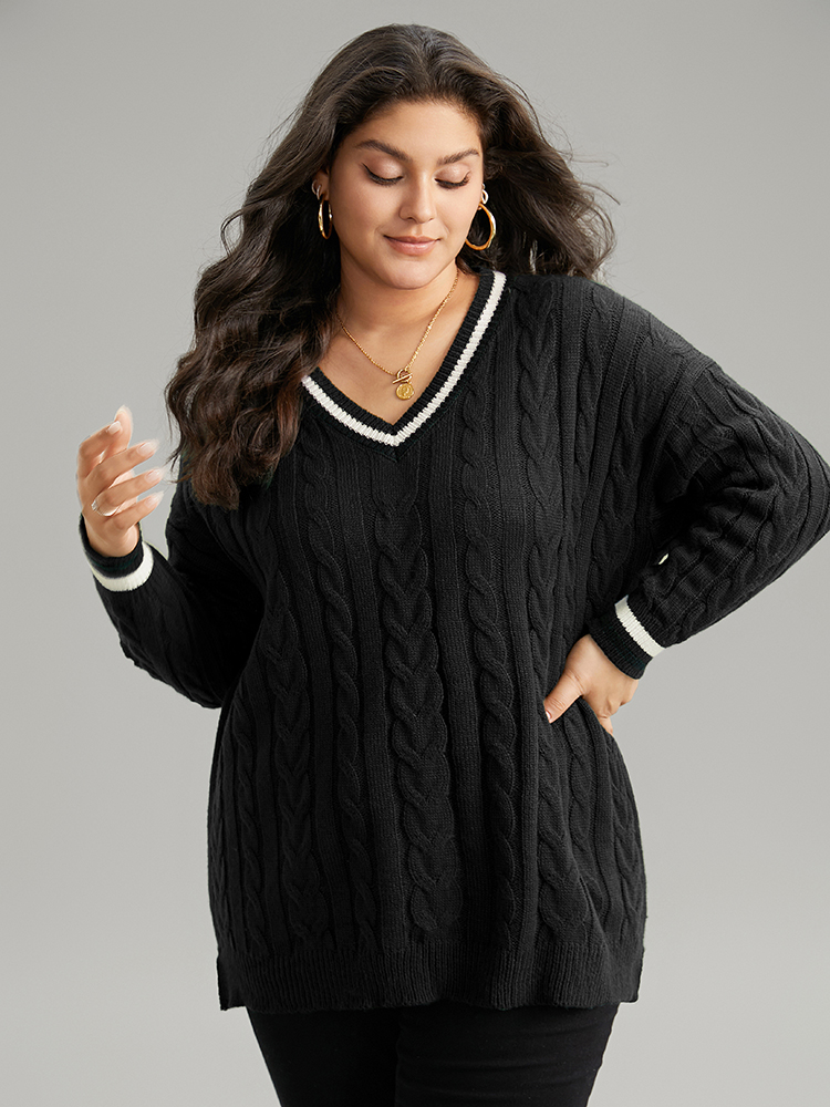 

Plus Size Cable Knit Contrast Trim Drop Shoulder Pullover Black Women Casual Loose Long Sleeve V-neck Dailywear Pullovers BloomChic