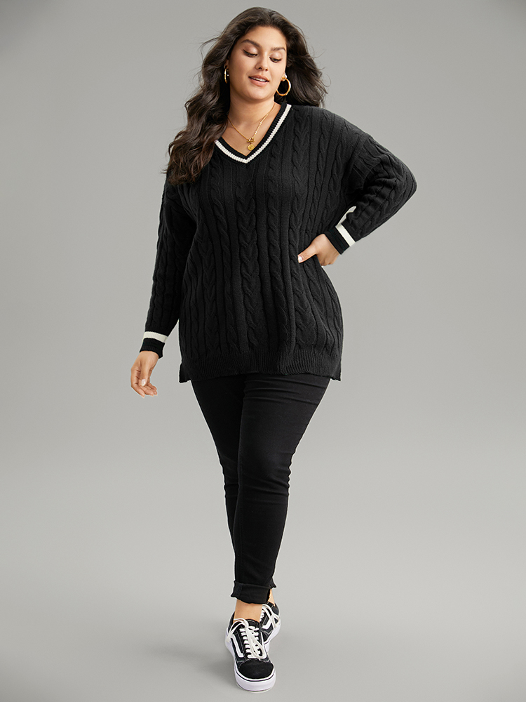 

Plus Size Cable Knit Contrast Trim Drop Shoulder Pullover Black Women Casual Loose Long Sleeve V-neck Dailywear Pullovers BloomChic