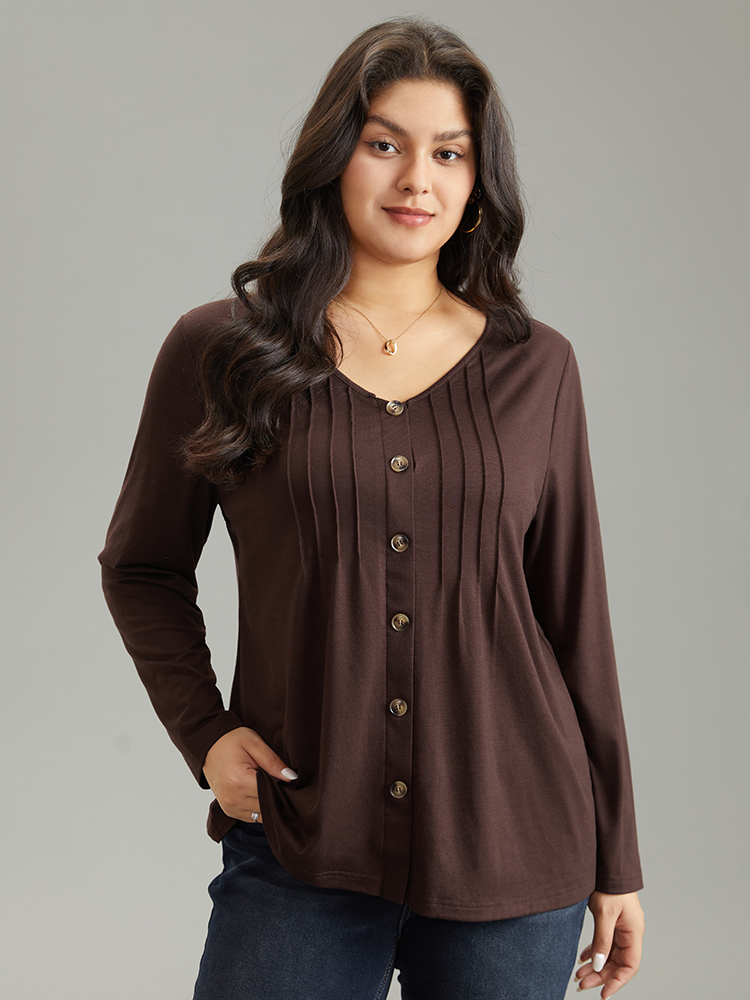 

Plus Size V Neck Solid Pleated Button Detail T-shirt DarkBrown V-neck Long Sleeve Casual Jersey Tops