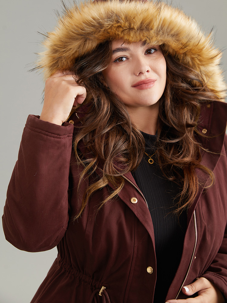 

Plus Size Contrast Hooded Fuzzy Trim Drawstring Padded Coat Women Maroon Casual Lined Ladies Dailywear Winter Coats BloomChic