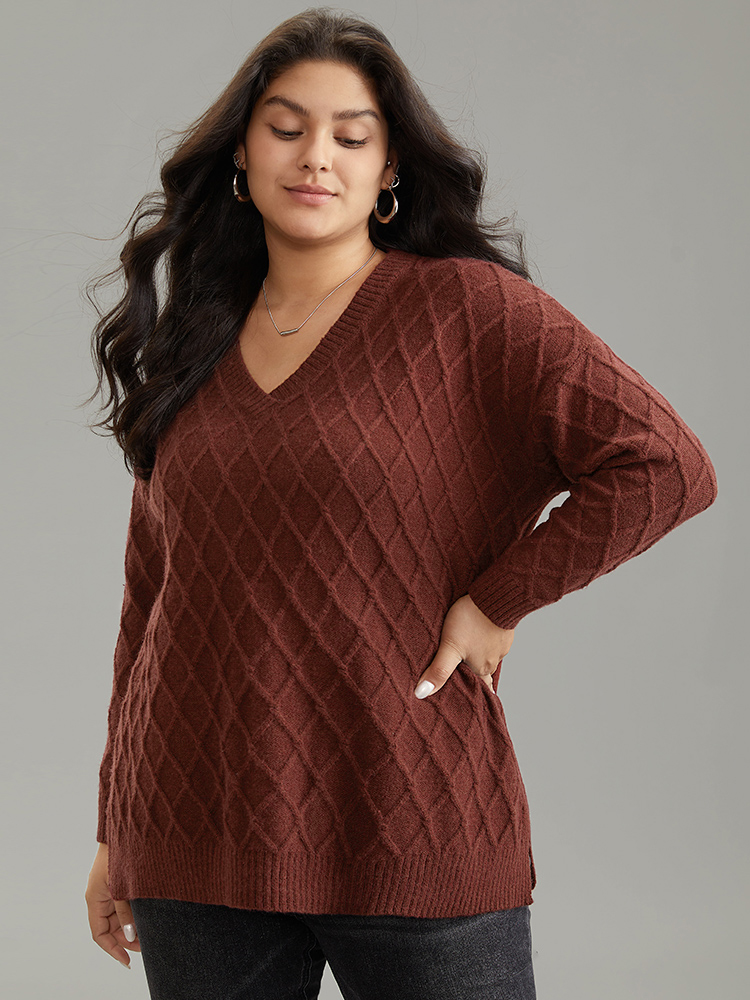 

Plus Size Supersoft Essentials V Neck Solid Split Side Cable Knit Pullover Scarlet Women Casual Loose Long Sleeve V-neck Everyday Pullovers BloomChic
