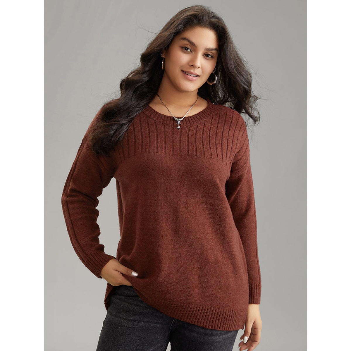 

Plus Size Supersoft Essentials Solid Button Detail Knit Pullover Burgundy Women Casual Loose Long Sleeve Round Neck Dailywear Pullovers BloomChic