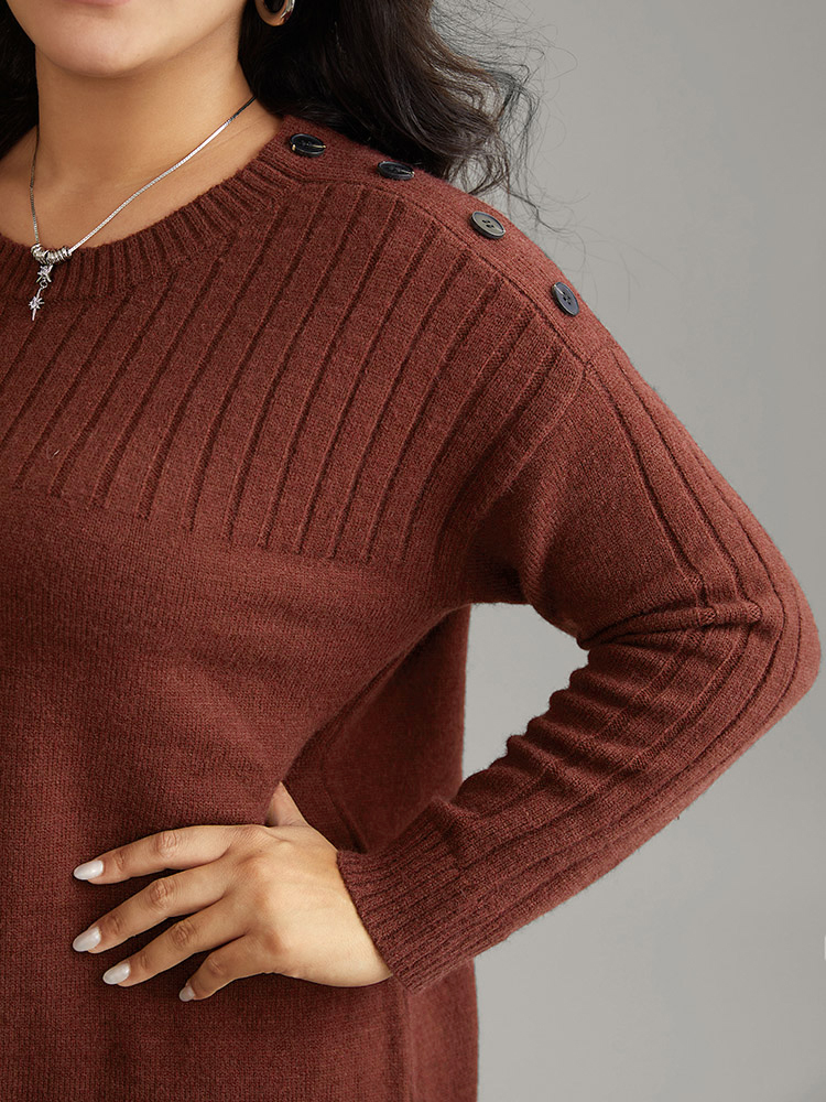 

Plus Size Supersoft Essentials Solid Button Detail Knit Pullover Burgundy Women Casual Loose Long Sleeve Round Neck Dailywear Pullovers BloomChic