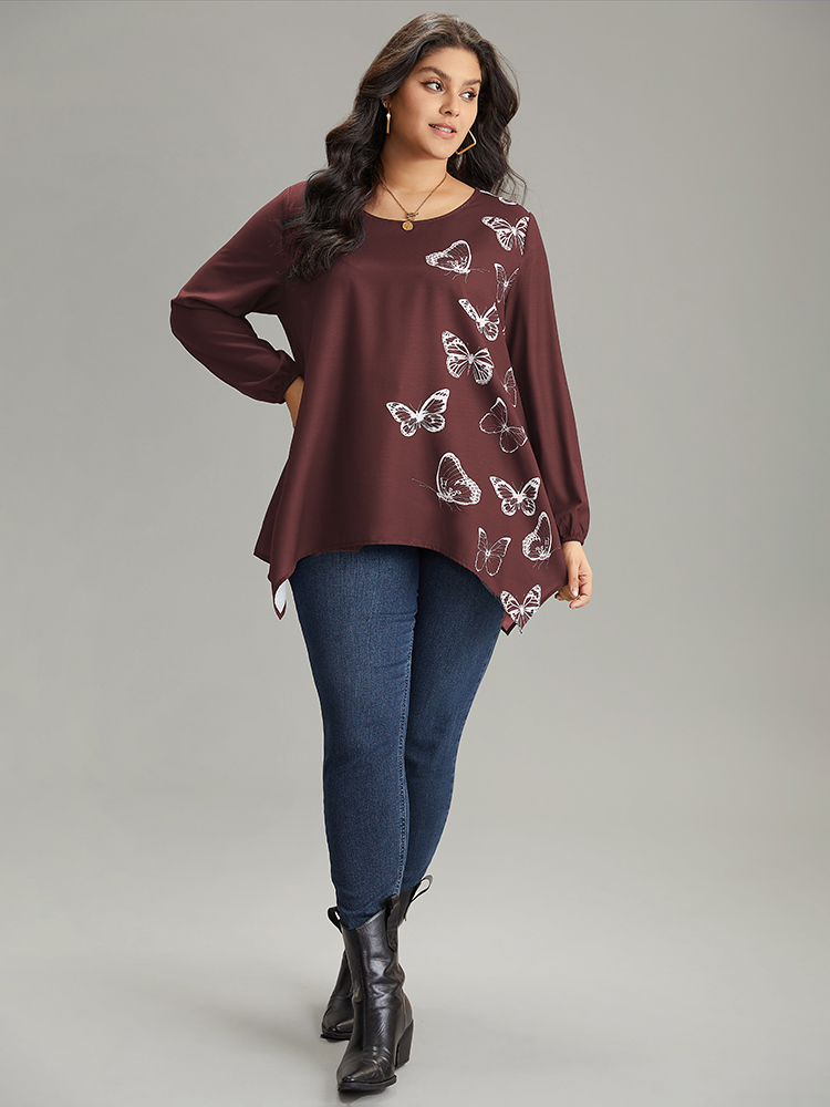 

Plus Size Scarlet Butterfly Crew Neck Lantern Sleeve Hanky Hem Blouse Women Elegant Long Sleeve Round Neck Work Blouses BloomChic