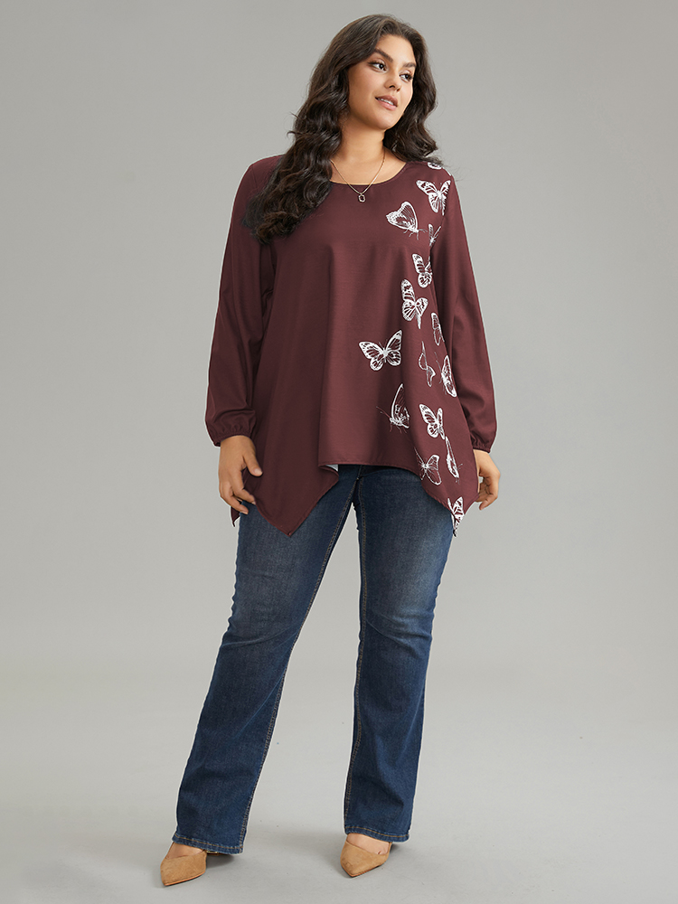 Plus Size Scarlet Butterfly Crew Neck Lantern Sleeve Hanky Hem Blouse Women Elegant Long Sleeve Round Neck Work Blouses BloomChic 10/M 