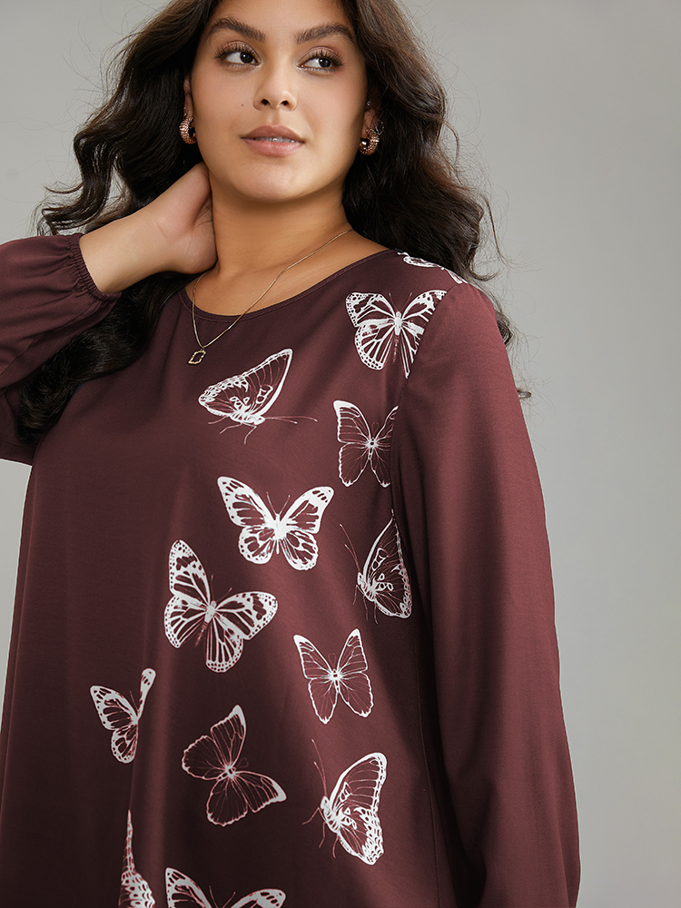 Plus Size Scarlet Butterfly Crew Neck Lantern Sleeve Hanky Hem Blouse Women Elegant Long Sleeve Round Neck Work Blouses BloomChic 10/M 