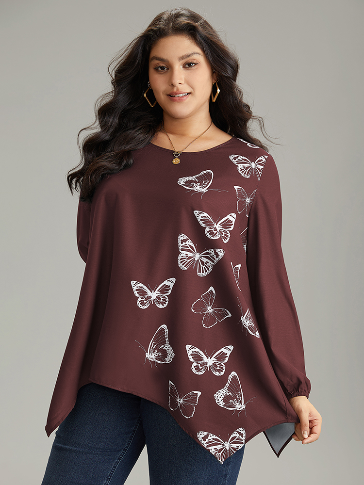 

Plus Size Scarlet Butterfly Crew Neck Lantern Sleeve Hanky Hem Blouse Women Elegant Long Sleeve Round Neck Work Blouses BloomChic