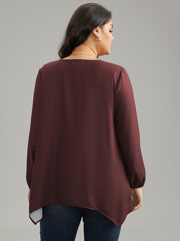 Plus Size Scarlet Butterfly Crew Neck Lantern Sleeve Hanky Hem Blouse Women Elegant Long Sleeve Round Neck Work Blouses BloomChic 10/M 