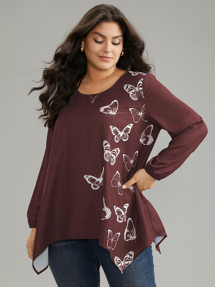 Plus Size Scarlet Butterfly Crew Neck Lantern Sleeve Hanky Hem Blouse Women Elegant Long Sleeve Round Neck Work Blouses BloomChic 10/M 